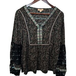Style‎ Co Black Floral Print Lace Sleeve V Neck Boho Tunic Top XL Whisygoth